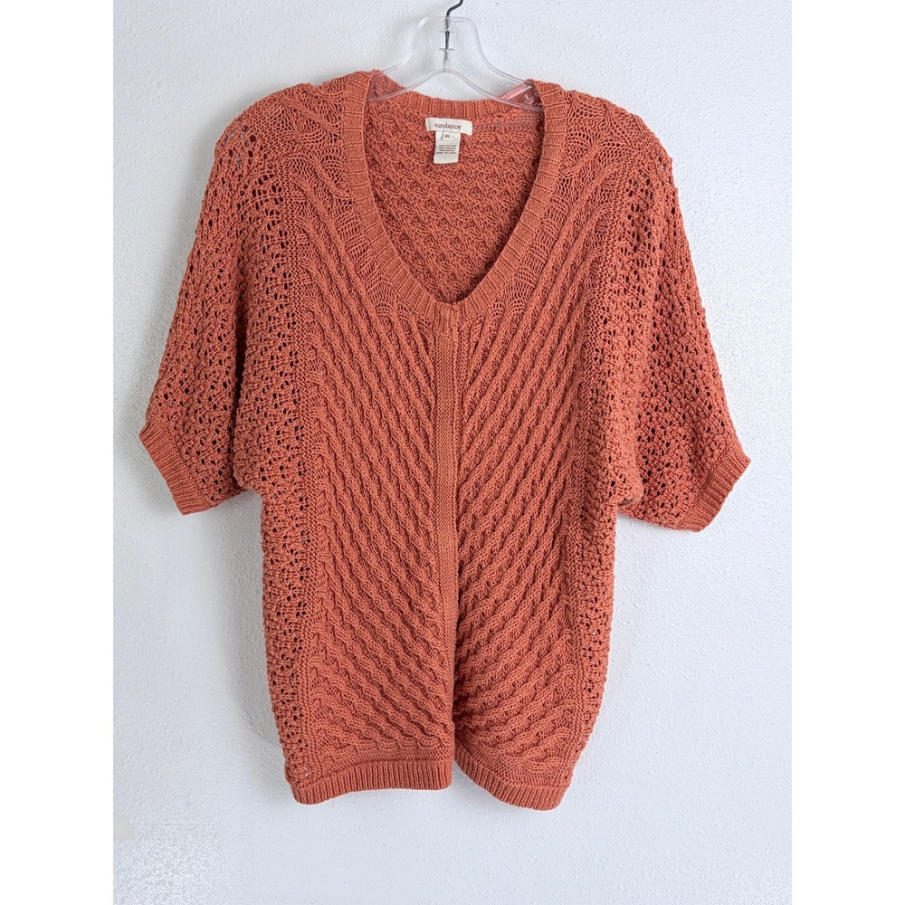 Sundance Sweater Orange V-Neck Open Knit Cable Short Sleeve XL